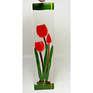 Hand Made Red Tulips Fused Art Glass Suncatcher Wall Hang Lades Netherlands
